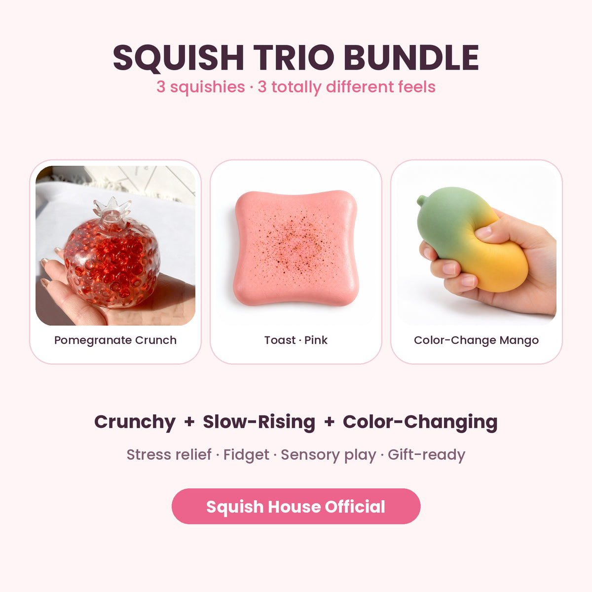 Squish Trio Bundle – Pomegranate Crunch, Berry Toast & Color-Changing Mango Squishy Set