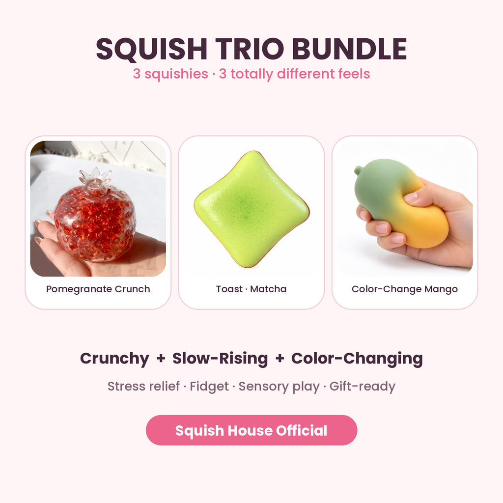 Squish Trio Bundle – Pomegranate Crunch, Berry Toast & Color-Changing Mango Squishy Set