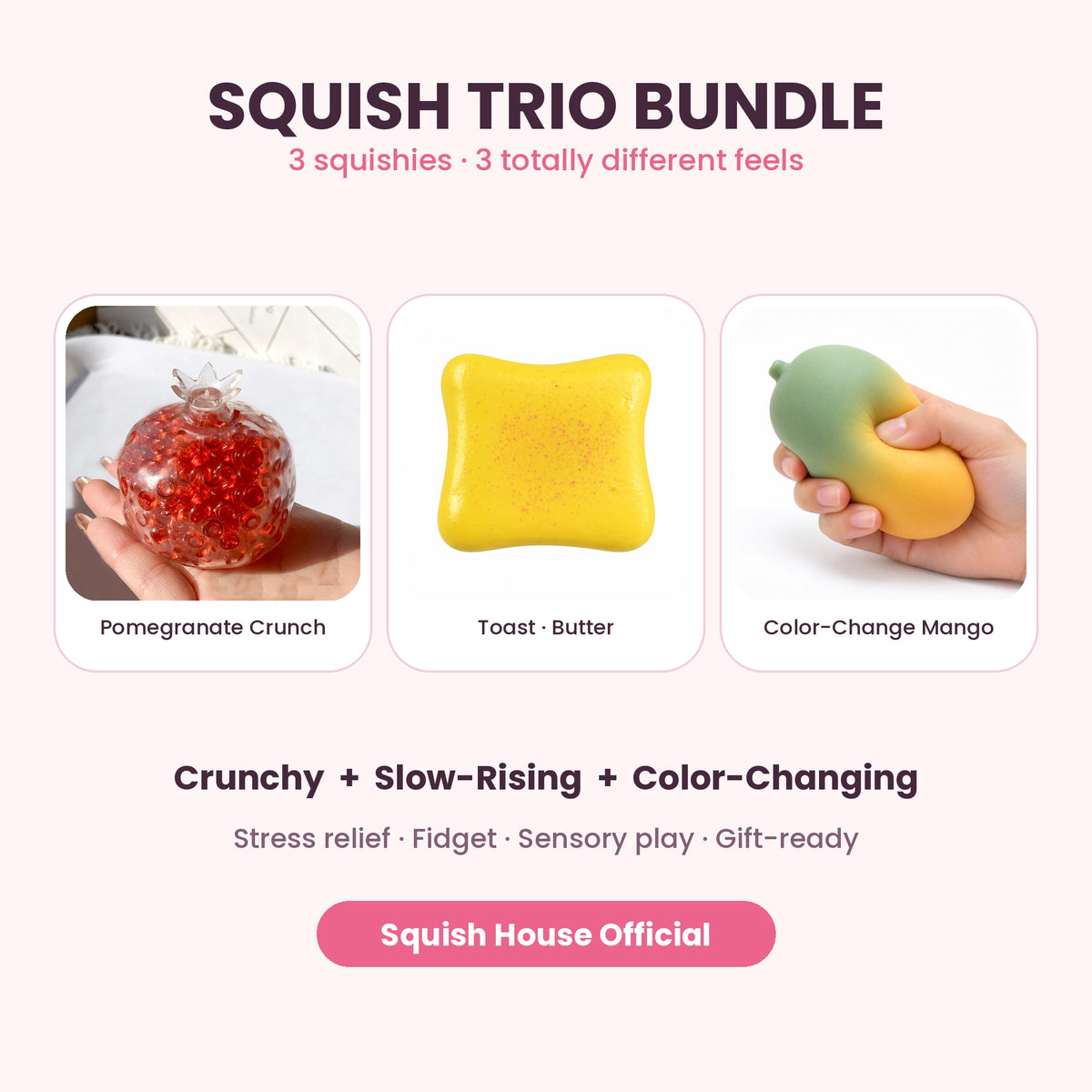 Squish Trio Bundle – Pomegranate Crunch, Berry Toast & Color-Changing Mango Squishy Set