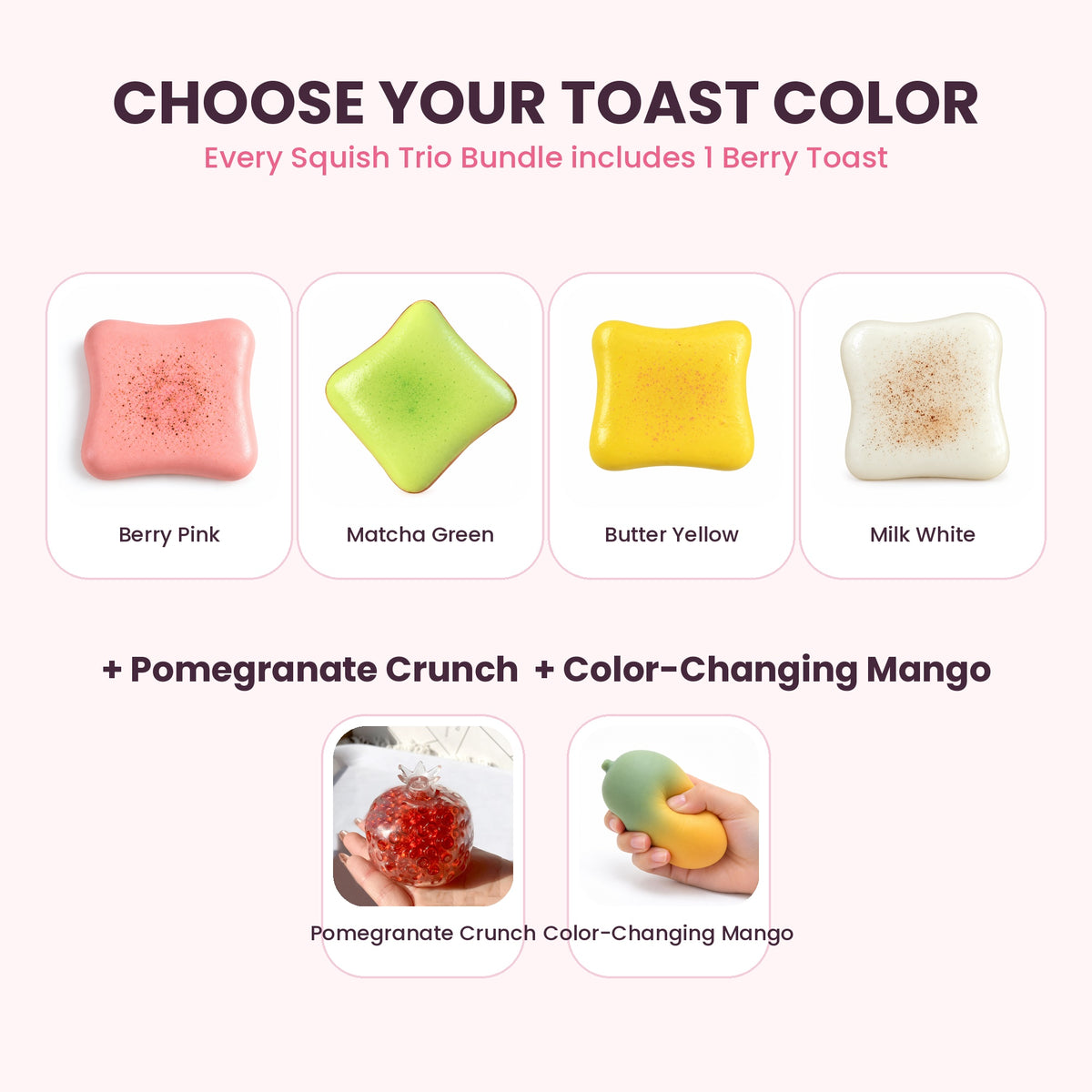 Squish Trio Bundle – Pomegranate Crunch, Berry Toast & Color-Changing Mango Squishy Set